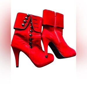 Red Velvet Button Detail Heeled Ankle Boots Size 40 (US 9) faux velvet